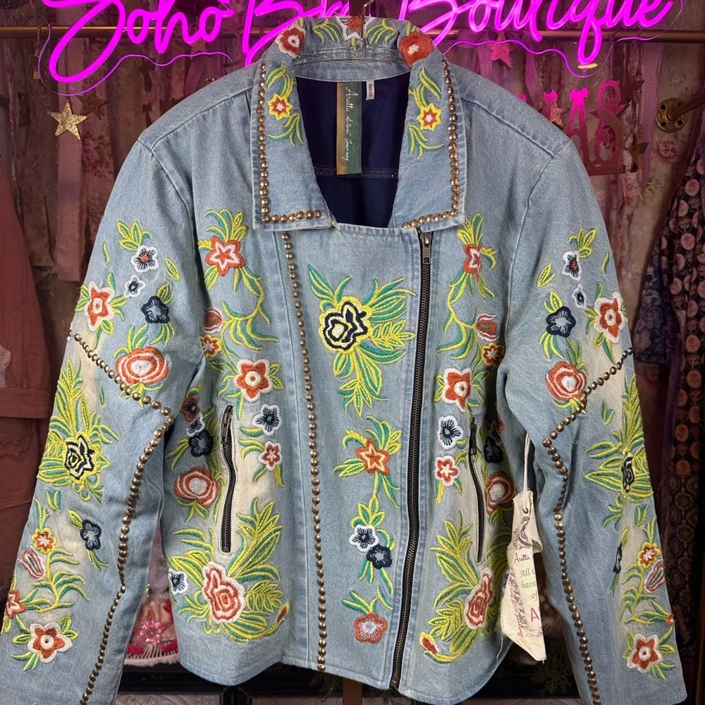 🆕 ARATTA LUCINDA EMBROIDERED DENIM JACKET Light Blue Denim Floral Embroider